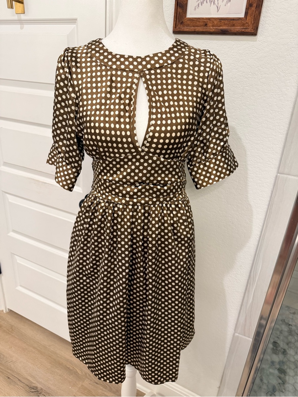 BCBGMaxAzria Olive and Cream Polka Dot Keyhole Midi Dress